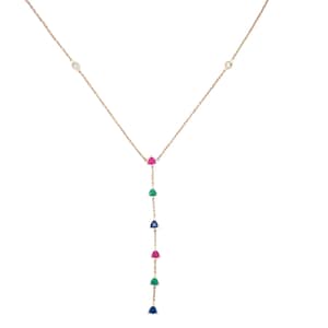 Dainty 14K Solid Gold Lariat Diamond and Color Stone Necklace/Long Necklace/ Multi Stone Necklace/ Trendy Lariat Necklace/ Sapphire Necklace