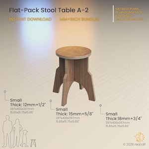 Może przedstawiać: Stolik stołek A-2 do samodzielnego montażu z okrągłym blatem i trzema nogami, wykończony w kolorze drewna. Tekst zawiera Flat-Pack Stool Table A-2, Instant Download, MM+Inch Bundles, Detailed Plans, 8 Languages PDF, CNC Ready, DXF DWG PDF SVG.