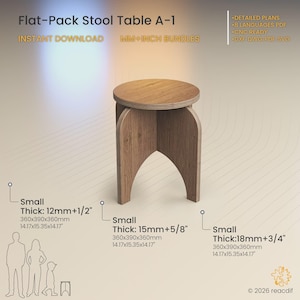 Może przedstawiać: Drewniany stołek typu flat-pack z okrągłym blatem i łukowatymi nogami. Tekst zawiera Flat-Pack Stool Table A-1, Instant Download, MM+Inch Bundles, Detailed Plans, 8 Languages PDF, CNC Ready, DXF, DWG, PDF, SVG oraz wymiary 360x390x360mm.