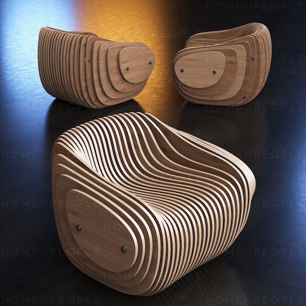 Parametric Armchair  A-1 / CNC files for cutting / Low Sit / Bean Wooden Seat / Wooden Office Chair