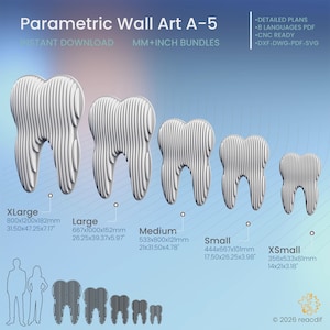 以下が含まれることがあります： Parametric Wall Art A-5 デジタルファイルセット。XLargeからXSmallまでの5種類の白い歯の形をしたデザイン。寸法は800x1200x182mmから356x533x81mmまで。CNCマシン用のDXF、DWG、PDF、SVG形式が含まれています。