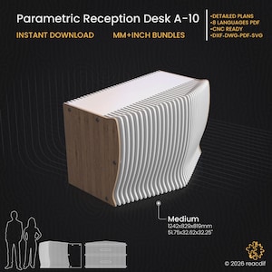May include: A parametric reception desk A-10 featuring a series of vertical white slats and brown wood-grain side panels. The desk is labeled as medium with dimensions of 51.75x32.62x32.25 inches. The image includes technical file format text.