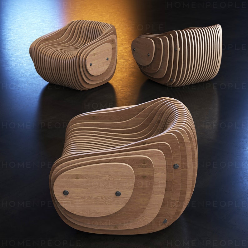 Parametric Armchair A-1 / CNC files for cutting / Low Sit / Bean Wooden Seat / Wooden Office Chair zdjęcie 2