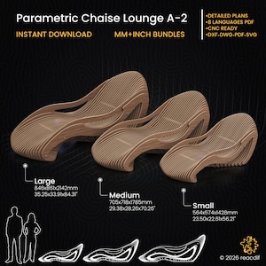 Może przedstawiać: Trzy drewniane, parametryczne leżanki o różnych rozmiarach. Największa ma wymiary 84,6x86,1x214,2 cm, średnia 70,5x71,8x178,5 cm, a najmniejsza 56,4x57,4x142,8 cm. Obraz zawiera tekst: "Parametric Chaise Lounge A-2" i "Instant Download."