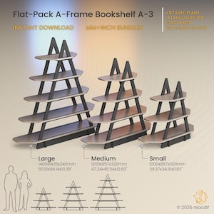 Könnte beinhalten: Digitale Baupläne für ein A-Frame-Regal A-3 für CNC. Enthält drei Größen: Groß 1400x1426x340mm, Mittel 1200x1157x320mm, Klein 1000x887x300mm. Verfügbar in DXF, DWG, PDF und SVG Formaten mit Anleitungen in acht Sprachen.