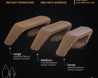 May include: Parametric Bench A-2 digital plans for CNC machines. Includes DXF, DWG, PDF, and SVG files in mm and inch bundles. Features three bench sizes: Large 492x450x1788mm (20.50x17.72x70.38 inches), Medium 444x450x1588mm (18.50x17.72x62.51 inches), and Small 396x450x1388mm (16.50x17.72x54.63 inches).