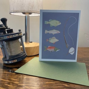 Fish Greeting Card - Hand embellished watercolor - Blank Cards - Linen Cardstock Paper - Salmon, Perch, Bass, Rainbow Trout