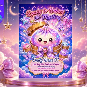 Könnte beinhalten: Eine digitale Einladung mit einem leuchtenden, violetten, galaktisch gemusterten Teigtaschen-Charakter in einem Bambusdämpfer. Der Text lautet Ready to Unbox the Mystery?, Emily Turns 9!, Sat. Aug 8th 3:00pm-5:00pm, Venue: 23 Anywhere st. Any city, RSVP to Name at 123-456-7890.