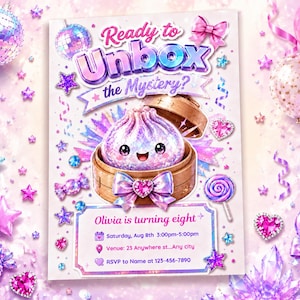 May include: A rectangular party invitation featuring the text Ready to Unbox the Mystery? and Olivia is turning eight. The design includes a glittery dumpling in a bamboo steamer, pink and purple balloons, lollipops, and star-shaped confetti.