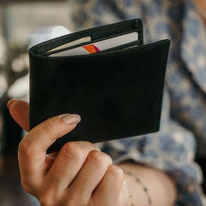 Cartera RFID de cuero perfecta, cartera de cuero genuino grabada en Navidad, regalo de aniversario para él marido novio hombres padre papá hijo amigo
