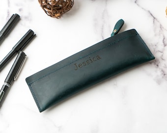 Slim Custom Pen Case, Leather Personalized, Small Red Pen Pouch, Blue Leather Zipper Organizer, Birthday Gift For Him, Her Christmas Gift
