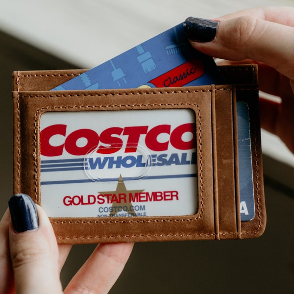 Regalo de Navidad para hombre, titular de tarjeta de cuero delgado, billetera personalizada, billetera de bolsillo frontal minimalista, billetera de tarjeta de identificación pequeña hecha a mano