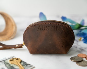 Leather Small, Keychain Pouch, Small Key Chain Purse, Leather Chain Pouch, Personalized Leather coin pouch with zipper, Zippered pouch.