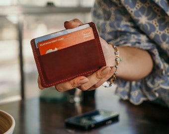 Slim Leather Card Holder, Personalized Wallet, Minimalist Front Pocket wallet, Handmade Small ID Card Wallet, Anniversary Gift For Man