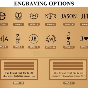 May include: A chart showing 14 different engraving styles for personalized gifts. The styles include various fonts, designs, and layouts. The chart is on a brown background.