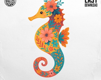 Seahorse PNG, Seahorse Clipart, Ocean Png, Boho Floral Seahorse, Sublimation Png, Digital Download for Crafting