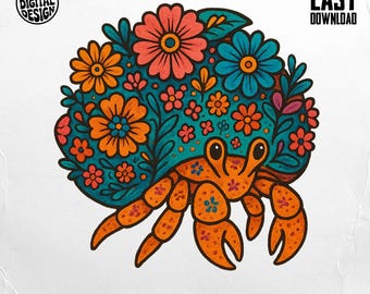 Hermit Crab PNG, Floral Hermit Crab Clipart, Ocean Png, Boho Crab Png, Sublimation Design, Digital Download PNG