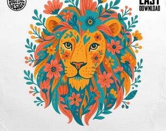 Boho Floral Lion PNG Clipart, Floral Lion Head, Safari Animal Sublimation Design, Digital Download File