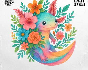Axolotl Png, Watercolor Axolotl Clipart, Floral Axolotl, Cute Axolotl, Sublimation Png, Digital Download