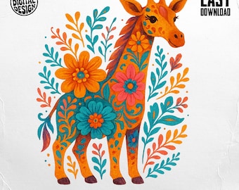 Floral Giraffe PNG, Boho Giraffe Clipart, Cute Animal Sublimation, Colorful Safari PNG, Digital Download PNG