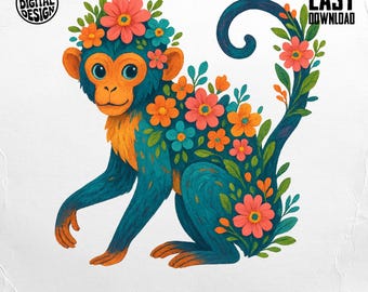 Floral Monkey PNG, Monkey Clipart, Jungle Animal Png, Boho Monkey, Tropical Floral, Sublimation Png, Digital Download