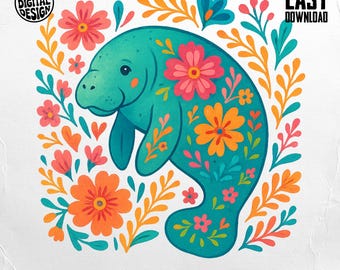 Floral Manatee PNG, Boho Manatee Clipart, Cute Sea Cow Sublimation Design, Ocean Animal Digital Download png