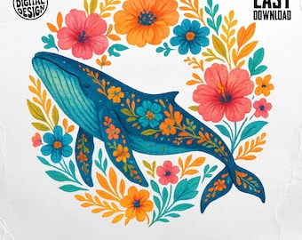 Floral Whale PNG, Ocean Whale Clipart, Boho Sea Life Sublimation Design, Watercolor Digital Download png