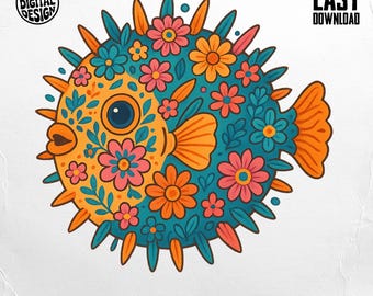 Floral Pufferfish PNG, Pufferfish Clipart Sea Animal, Cute Fish Sublimation, Ocean Life Digital Download