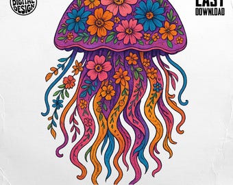 Floral Jellyfish PNG, Boho Jellyfish, Ocean Clipart, Vibrant Marine Life Art, Sublimation Design, Digital Download png