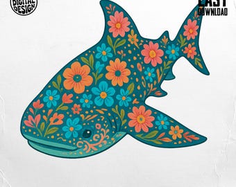 Whale Shark PNG, Floral Shark Clipart, Boho Ocean Shark Sublimation Design, Colorful Sea Animal Digital Download png