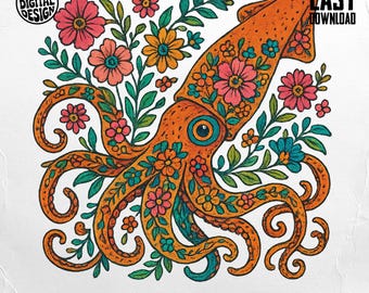 Squid PNG, Floral Squid Clipart, Ocean Png, Boho Octopus, Sublimation Png, Digital Download