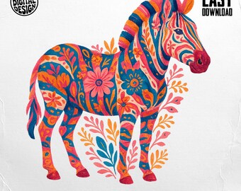 Folk Art Zebra PNG, Floral Patterned Animal Clipart, Boho Whimsical Sublimation Design, Colorful Digital Download