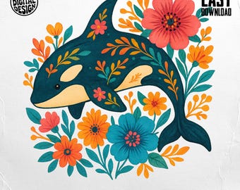 Floral Orca PNG, Killer Whale Digital Download, Boho Whale Art Print, Marine Life Clipart, Sublimation PNG