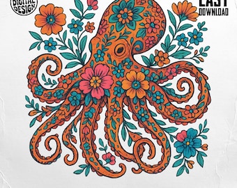 Floral Octopus PNG, Boho Octopus Clipart, Ocean Animal Sublimation Design, Digital Download for Crafts