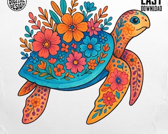 Sea Turtle PNG, Boho Floral Sea Turtle Clipart, Ocean Lover Sublimation Design, Vibrant Flower Turtle Digital Download for T-shirt & Mug