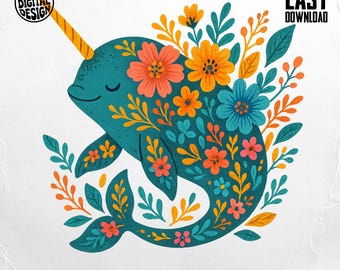 Boho Floral Narwhal PNG, Narwhal Clipart, Ocean Sea Animal Png, Cute Narwhal Sublimation Design, Digital Download