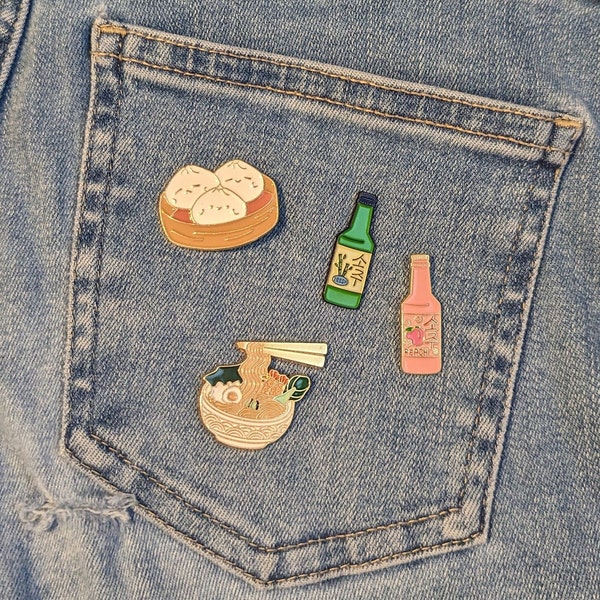 Cute asian food themed enamel pin ramen noodles, steamed buns, soju, gifts for foodies, gift food lovers, gift for kdrama fans