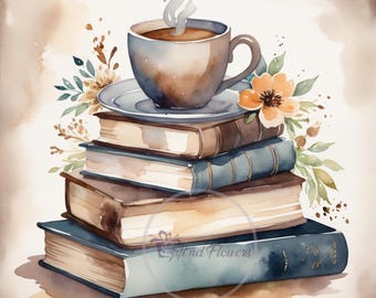 Watercolor Books and Coffee Clipart: Earth Tones, PNG Images (Digital Download)