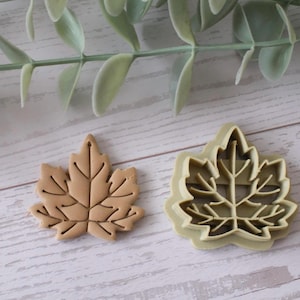 Puede incluir: Una galleta de hoja de arce marrón y un cortador de galletas con forma de hoja se encuentran sobre una superficie de madera blanca. El cortador de galletas es de color verde claro. Ramas verdes y frondosas en el fondo.