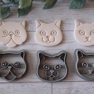 May include: Six cat-shaped cookie cutters and cookies. Three beige cookies are in the shape of cat faces, and three gray cutters are below. The cat faces have different expressions, with details like whiskers and noses.
