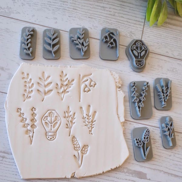 Botanical Clay Stamps: Polymer Clay Jewelry Tools, Set of 9