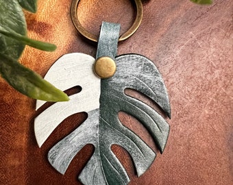 Monstera Albo Leaf Leather Keychain.