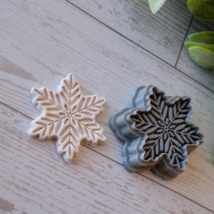Puede incluir: Un cortador de galletas y una galleta con forma de copo de nieve blancos y grises están sobre una superficie de madera clara. El copo de nieve blanco es una galleta horneada, y el cortador gris es de plástico. El diseño del copo de nieve tiene patrones detallados en forma de hoja.
