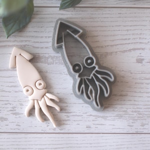 May include: A light-colored squid-shaped cookie cutter and a baked cookie in the same shape rest on a light wood surface. The cookie cutter is gray, and the baked cookie is a light beige color. The squid has large, round eyes and tentacles.