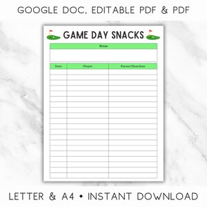 Editable Golf Snack Sign Up Sheet, Editable PDF & Google Doc, Game Day Snack Sign Up, Golf Snack Schedule, Letter, A4, Instant Download