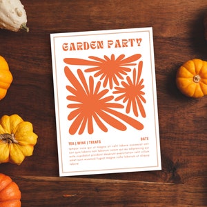 Convite botânico vintage editável - laranja, convite minimalista, modelo Canva, 5x7, carta, A4, A5, festa no jardim