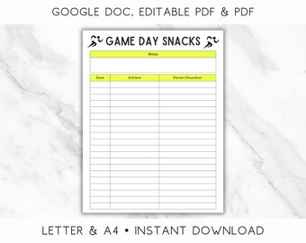 Edytowalny arkusz rejestracyjny na przekąski Track/CC, edytowalny plik PDF i dokument Google, rejestracja na przekąski Game Day, harmonogram przekąsek Track/CC, Letter, A4, natychmiastowe pobieranie