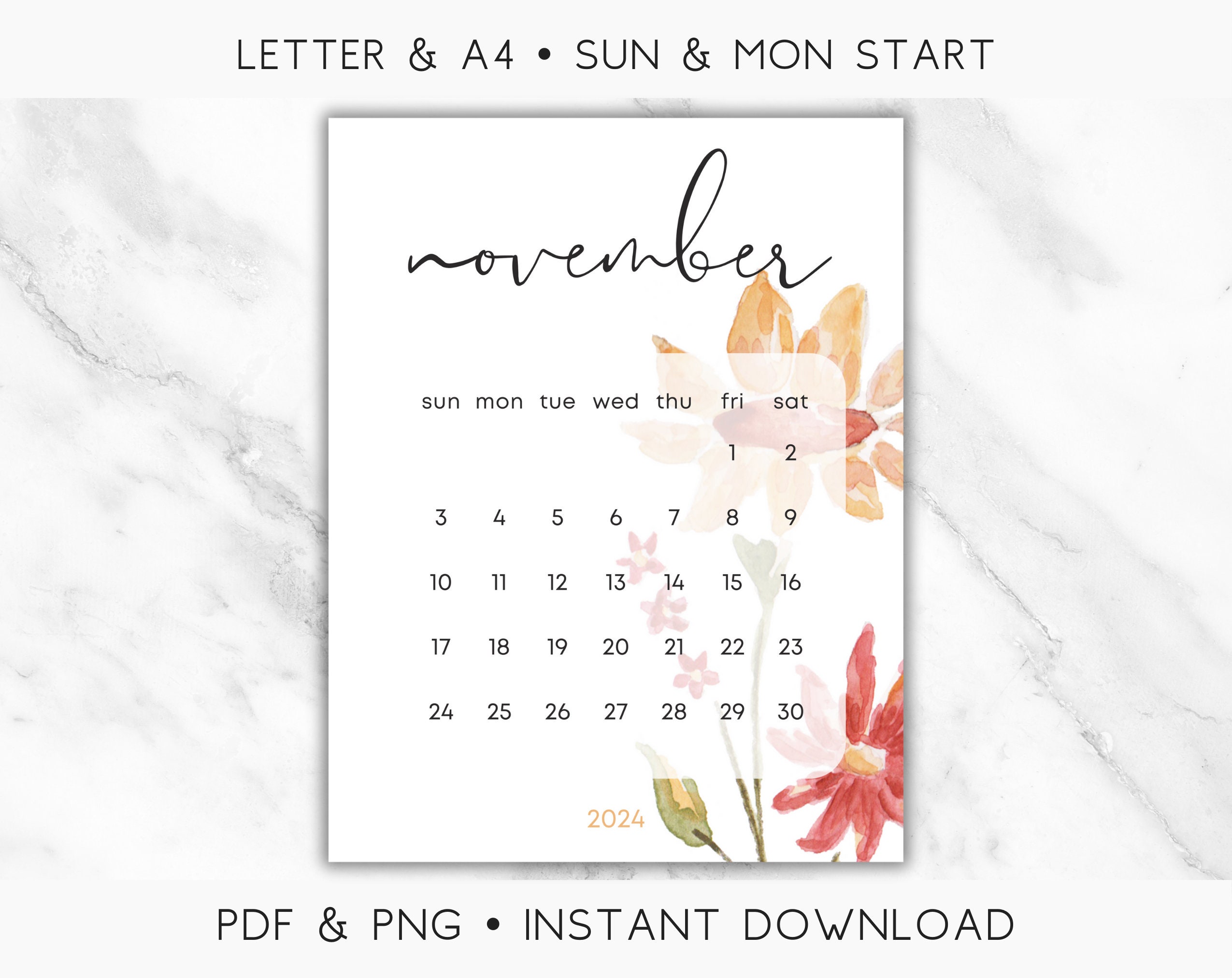 Floral November 2024 Calendar Printable, Watercolor Flowers November ...