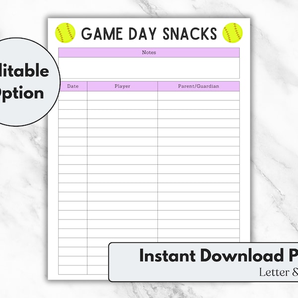 Editable Softball Snack Sign Up Sheet, Game Day Snack Sign Up Sheet, Softball Snack Schedule, Sign Up Sheet, Letter, A4, Instant Download