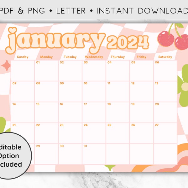 EDITABLE January 2024 Calendar Printable, Retro January 2024 Printable Calendar, Letter, Landscape, Horizontal